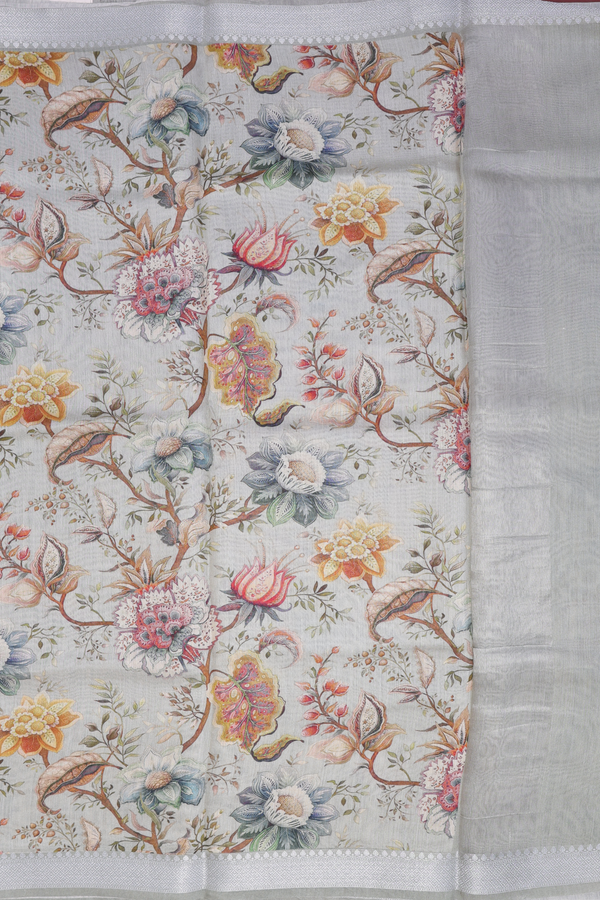 Chanderi Silk Cotton Saree In Green Beige With Floral Design