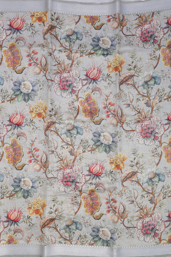 Chanderi Silk Cotton Saree In Green Beige With Floral Design