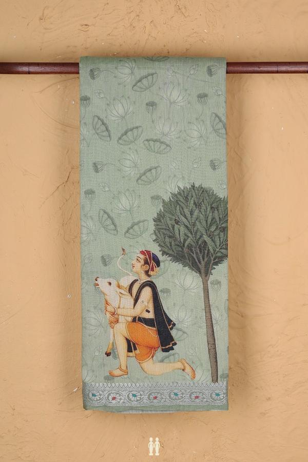 Chanderi Silk Cotton Saree In Green With Cow Printed Design