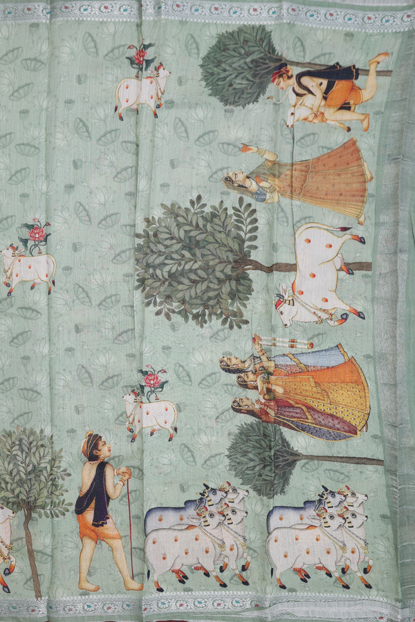 Chanderi Silk Cotton Saree In Green With Cow Printed Design