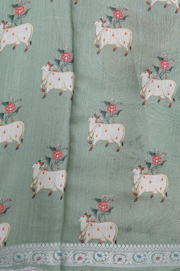 Chanderi Silk Cotton Saree In Green With Cow Printed Design