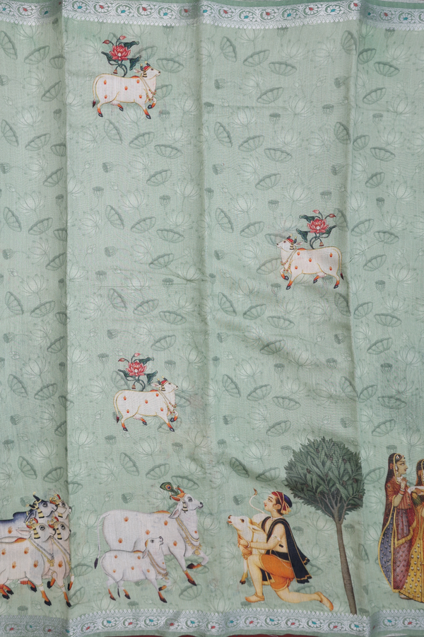 Chanderi Silk Cotton Saree In Green With Cow Printed Design