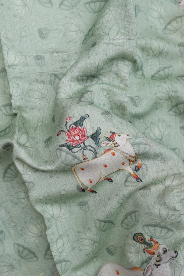 Chanderi Silk Cotton Saree In Green With Cow Printed Design