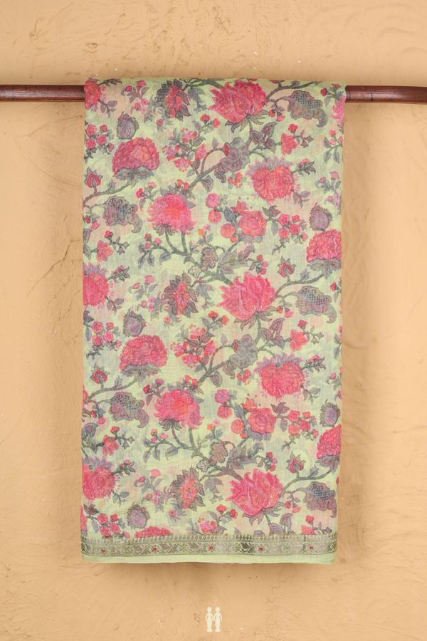 Chanderi Silk Cotton Saree In Pale Green With Floral Design
