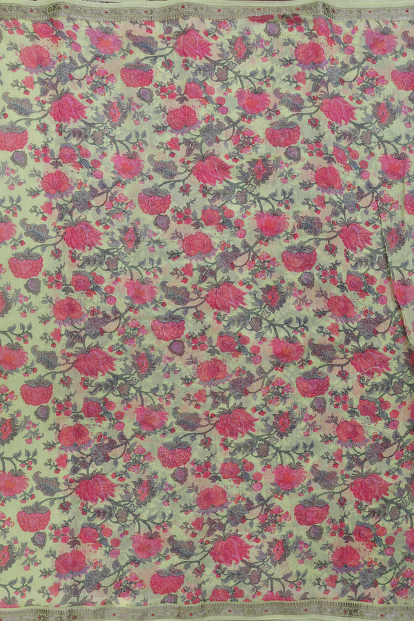 Chanderi Silk Cotton Saree In Pale Green With Floral Design