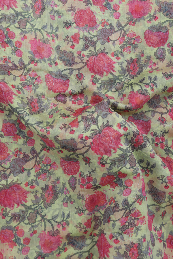 Chanderi Silk Cotton Saree In Pale Green With Floral Design