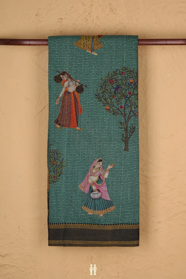 Chanderi Silk Cotton Saree In Green With Human Figure Printed