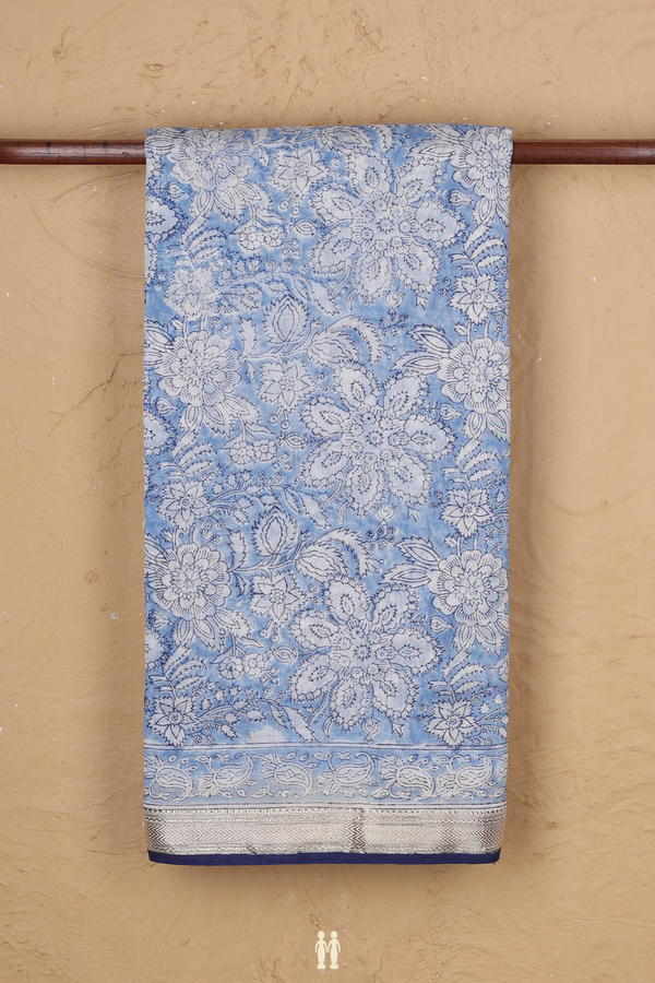 Chanderi Silk Cotton Saree In Light Blue With Floral Design