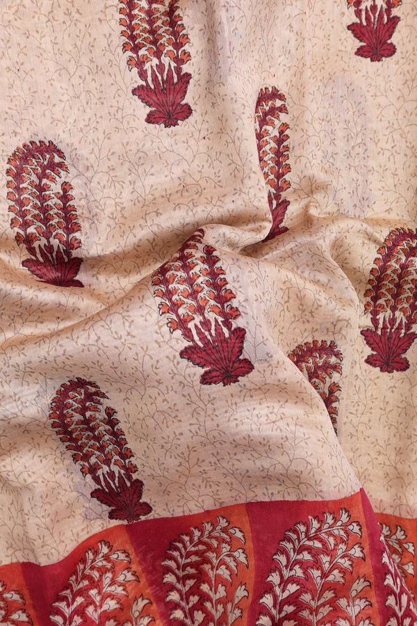 Chanderi Silk Cotton Saree In Light Brown With Floral Design