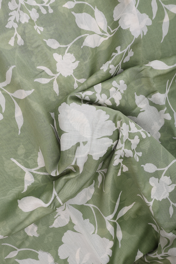 Chanderi Silk Cotton Saree In Moss Green With Floral Design