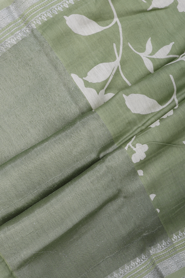 Chanderi Silk Cotton Saree In Moss Green With Floral Design
