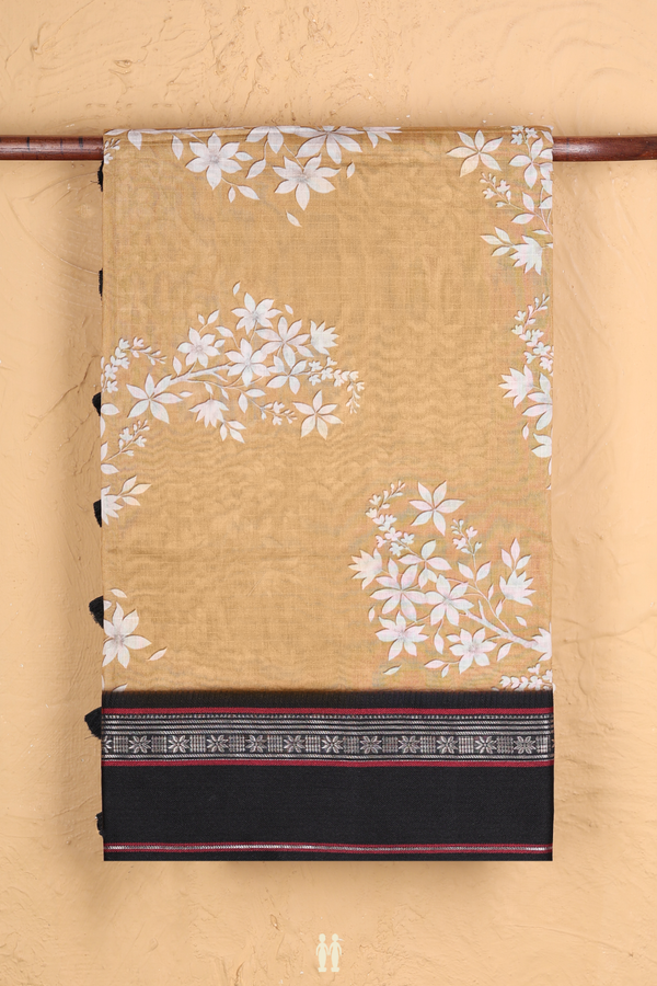 Chanderi Silk Cotton Saree In Mustard Brown With Floral Design