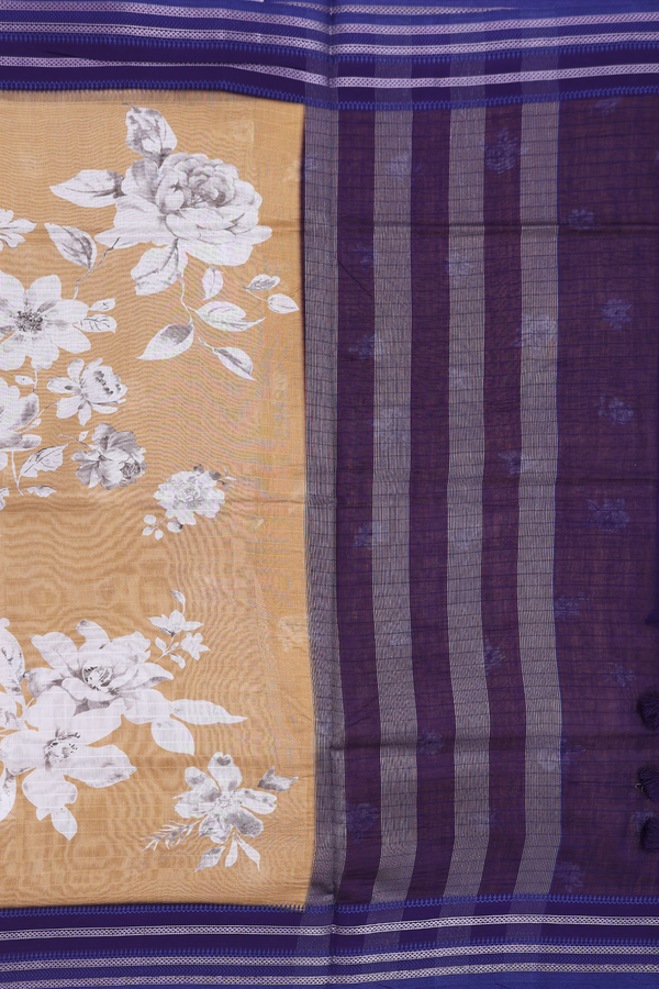 Chanderi Silk Cotton Saree In Mustard Brown With Floral Design