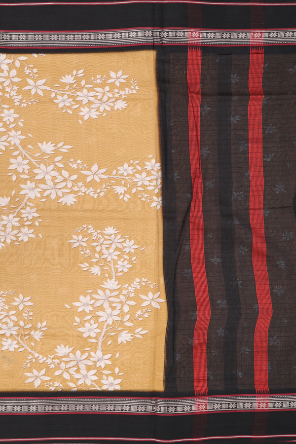 Chanderi Silk Cotton Saree In Mustard Brown With Floral Design