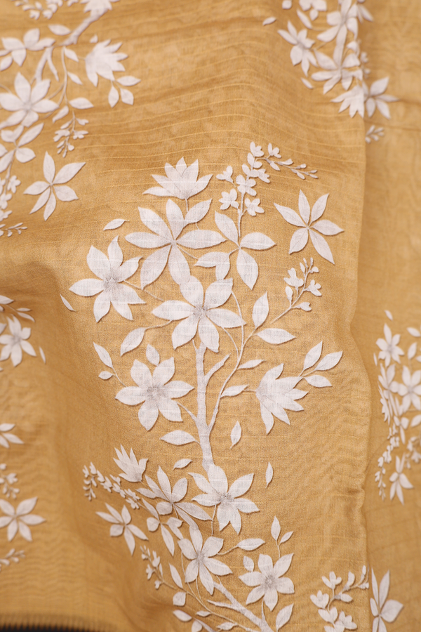 Chanderi Silk Cotton Saree In Mustard Brown With Floral Design