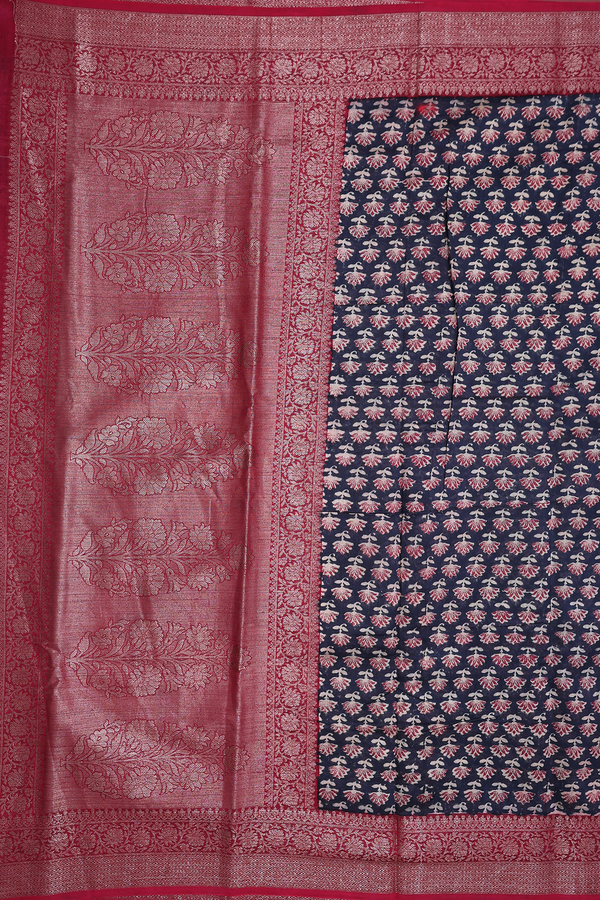 Chanderi Silk Cotton Saree In Navy Blue With Floral Design