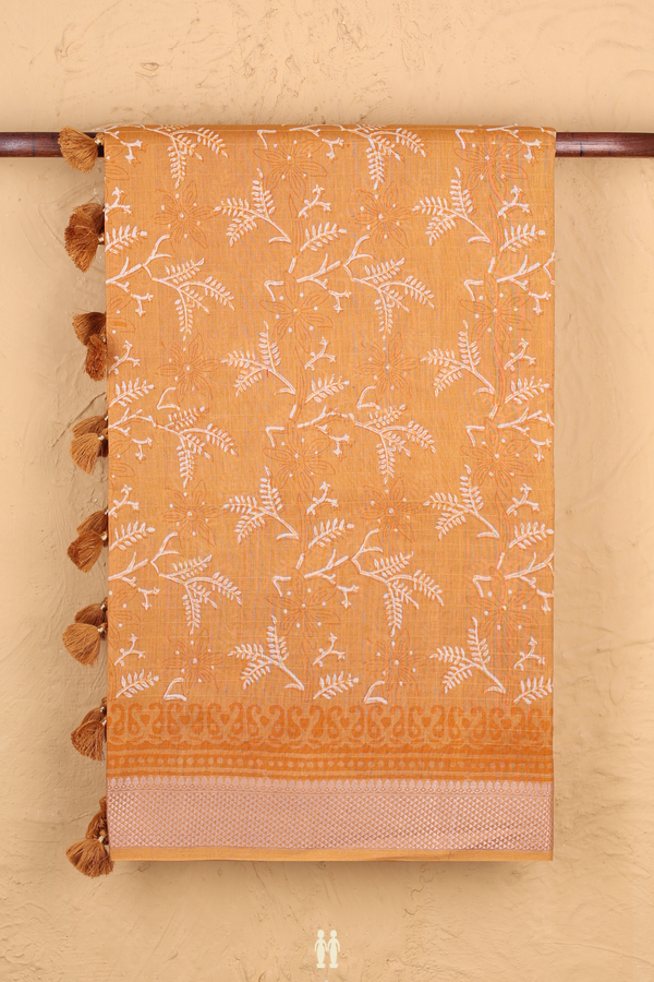 Chanderi Silk Cotton Saree In Ochre Orange With Printed Design