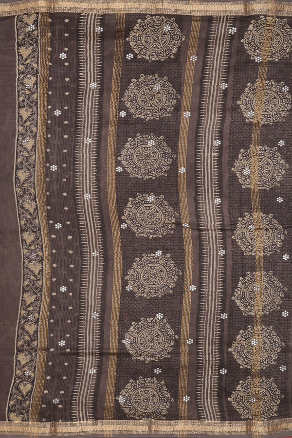 Chanderi Silk Cotton Saree In Olive Brown With Ajrakh Print
