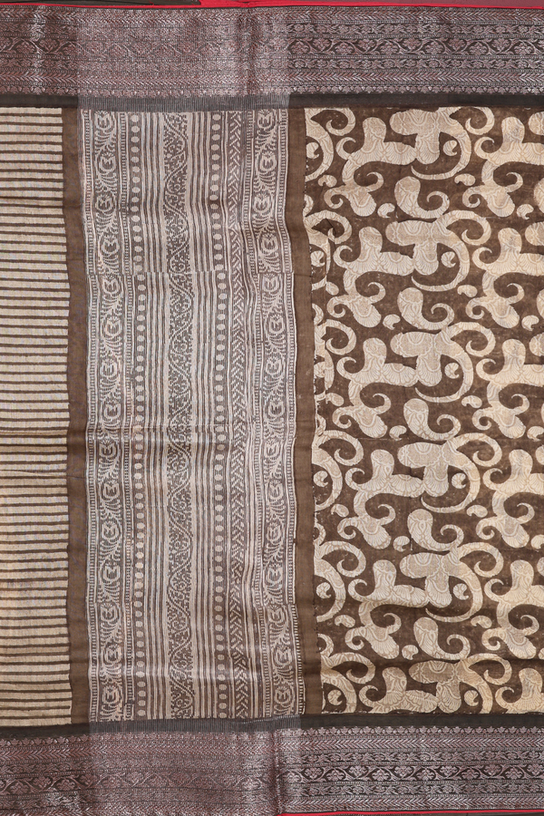 Chanderi Silk Cotton Saree In Olive Brown With Printed Design