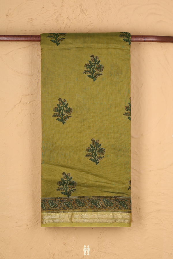 Chanderi Silk Cotton Saree In Olive Green With Floral Design