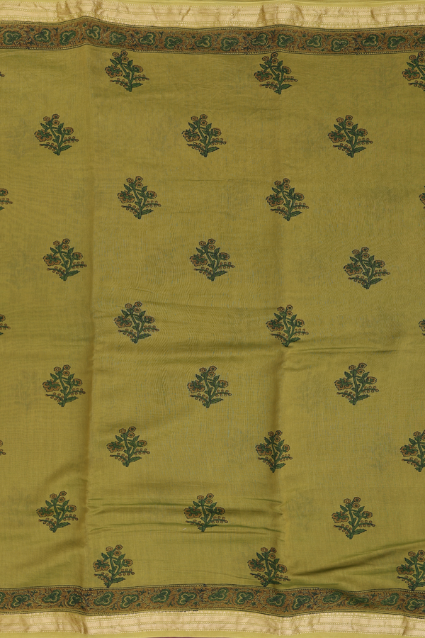 Chanderi Silk Cotton Saree In Olive Green With Floral Design