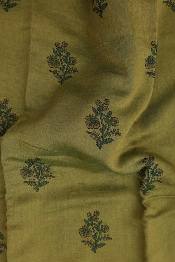 Chanderi Silk Cotton Saree In Olive Green With Floral Design