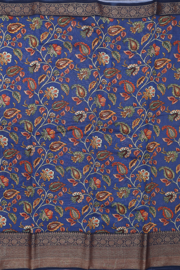 Chanderi Silk Cotton Saree In Royal Blue With Floral Design