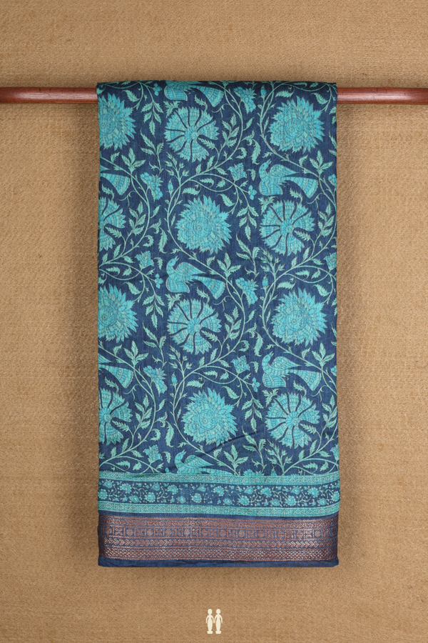 Chanderi Silk Cotton Saree In Oxford Blue With Floral Print