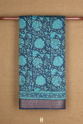 Chanderi Silk Cotton Saree In Oxford Blue With Floral Print