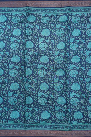 Chanderi Silk Cotton Saree In Oxford Blue With Floral Print