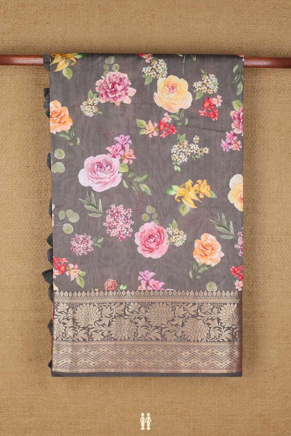 Chanderi Silk Cotton Saree In Oxford Brown With Floral Design