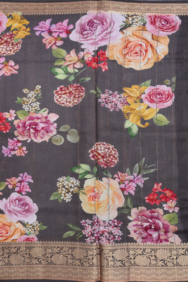 Chanderi Silk Cotton Saree In Oxford Brown With Floral Design