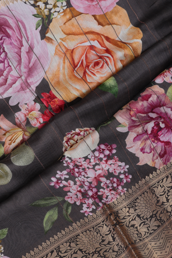 Chanderi Silk Cotton Saree In Oxford Brown With Floral Design