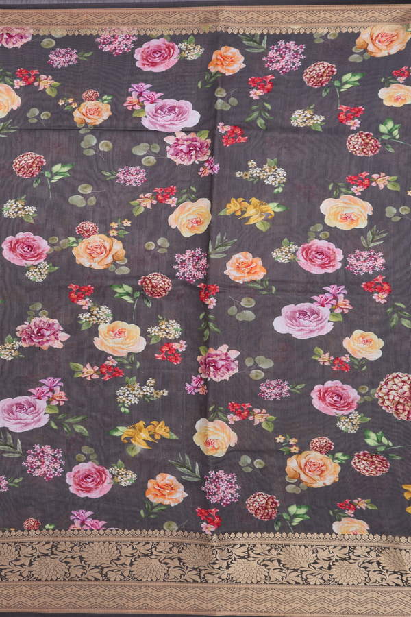 Chanderi Silk Cotton Saree In Oxford Brown With Floral Design