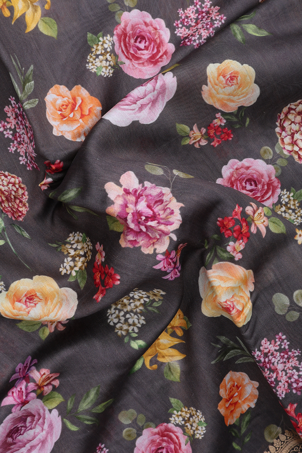 Chanderi Silk Cotton Saree In Oxford Brown With Floral Design