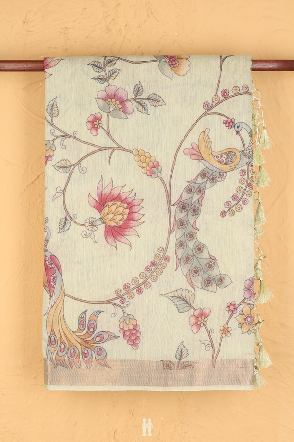 Chanderi Silk Cotton Saree In Pastel Green With Floral Design