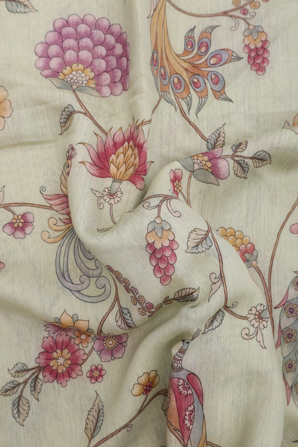 Chanderi Silk Cotton Saree In Pastel Green With Floral Design