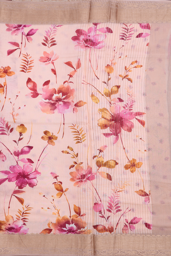 Chanderi Silk Cotton Saree In Pastel Orange With Floral Design