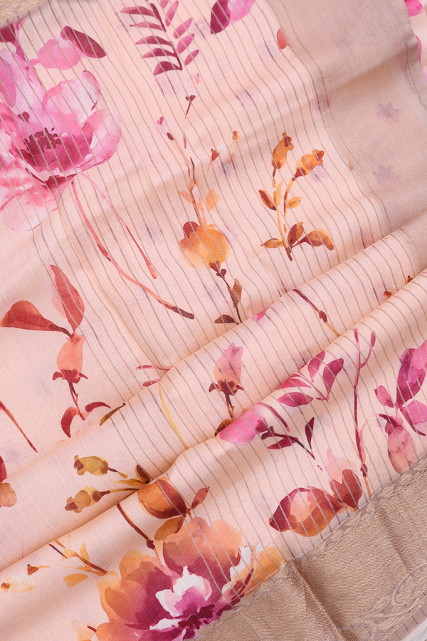 Chanderi Silk Cotton Saree In Pastel Orange With Floral Design