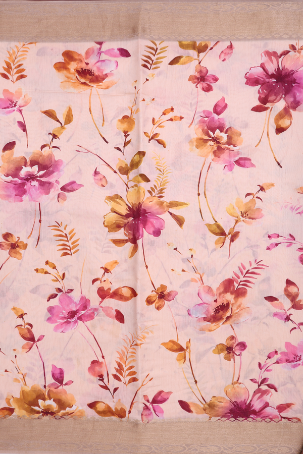 Chanderi Silk Cotton Saree In Pastel Orange With Floral Design