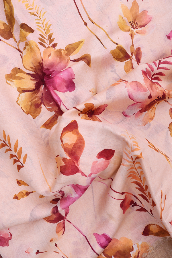 Chanderi Silk Cotton Saree In Pastel Orange With Floral Design