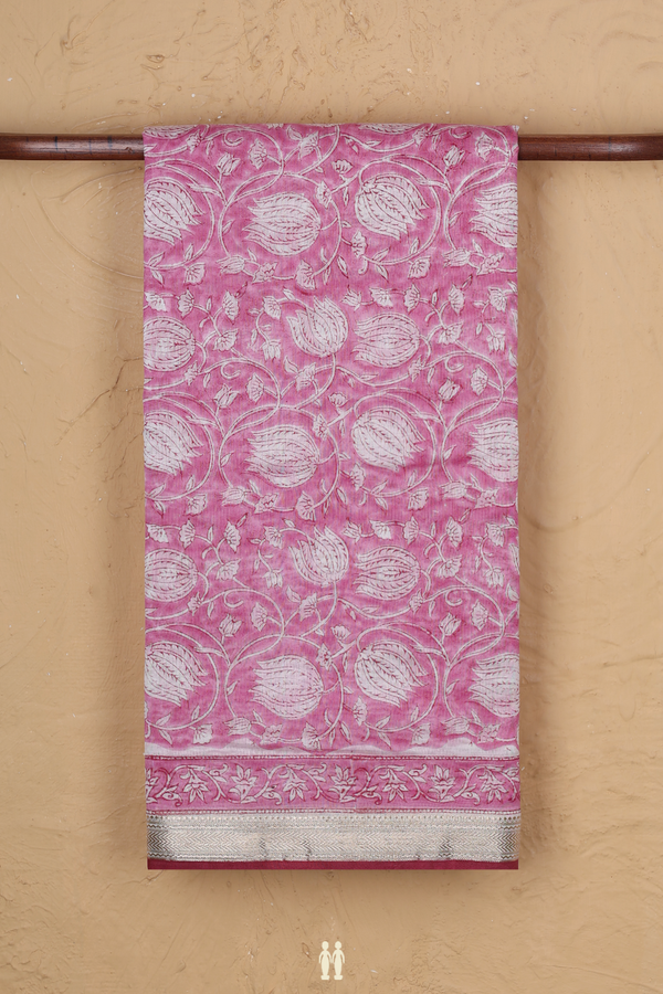 Chanderi Silk Cotton Saree In Pink With Floral Printed Design