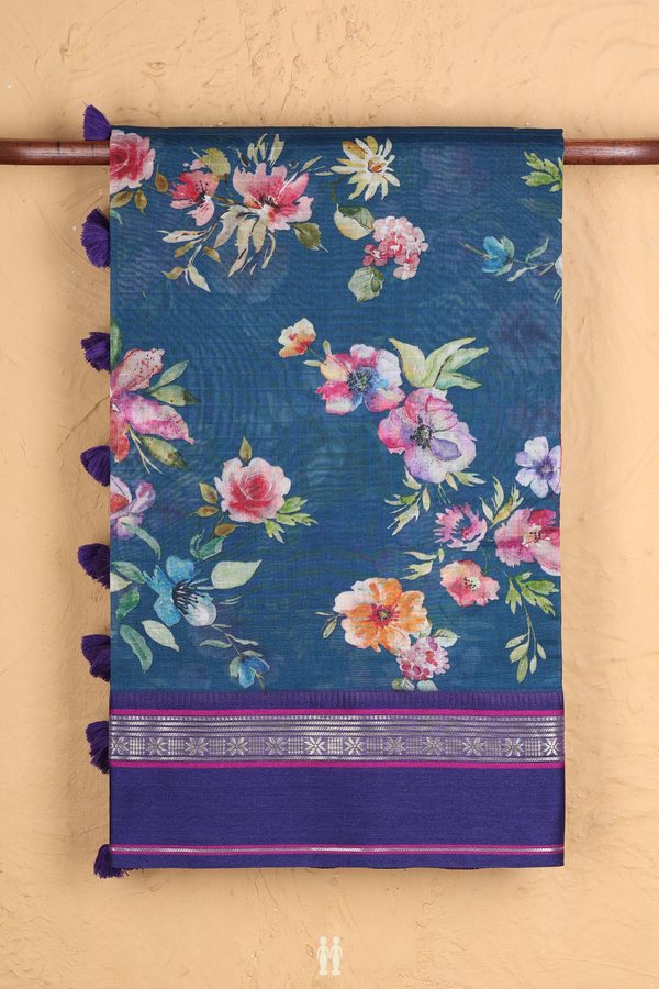 Chanderi Silk Cotton Saree In Prussian Blue With Floral Design
