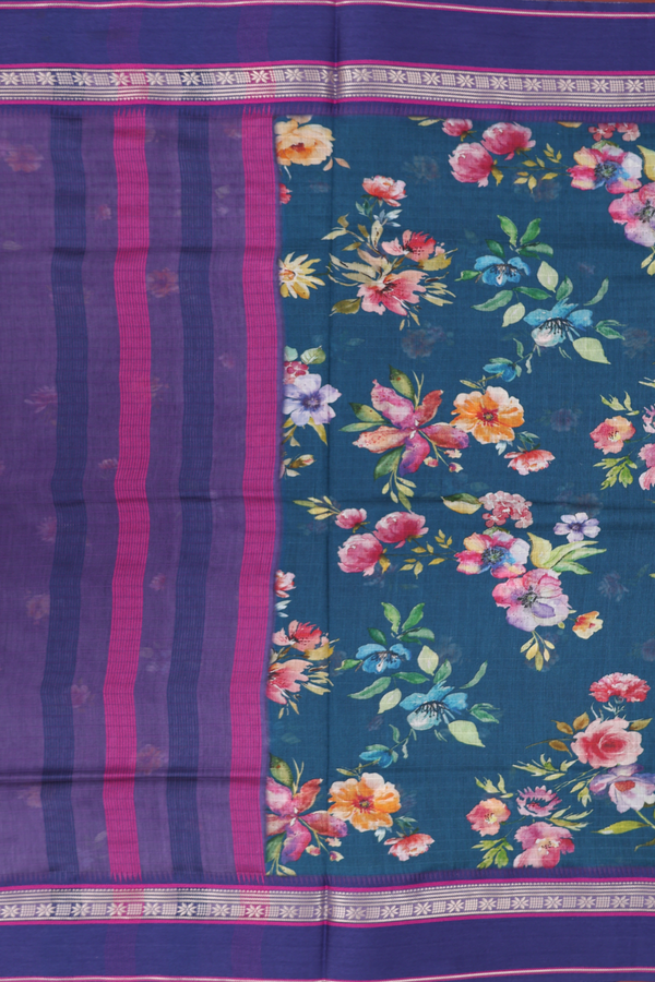Chanderi Silk Cotton Saree In Prussian Blue With Floral Design
