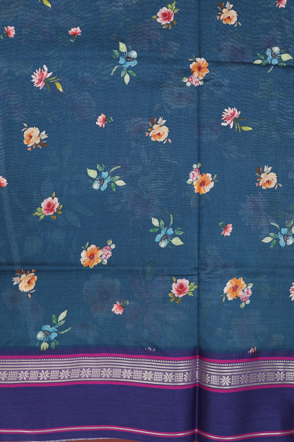 Chanderi Silk Cotton Saree In Prussian Blue With Floral Design