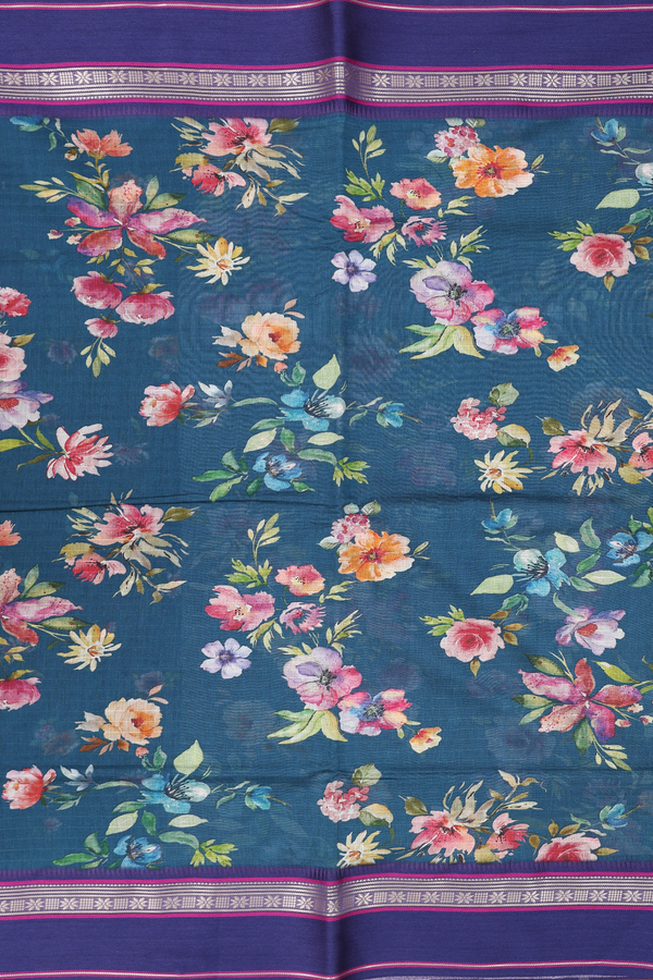 Chanderi Silk Cotton Saree In Prussian Blue With Floral Design