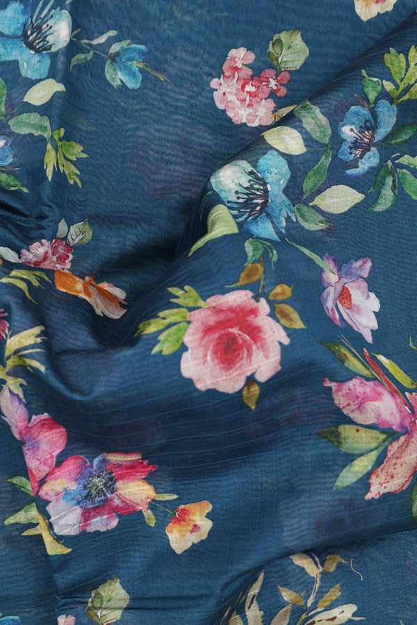 Chanderi Silk Cotton Saree In Prussian Blue With Floral Design
