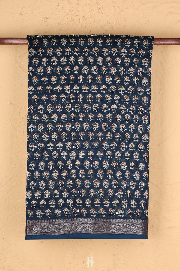 Chanderi Silk Cotton Saree In Prussian Blue With Mirror Work
