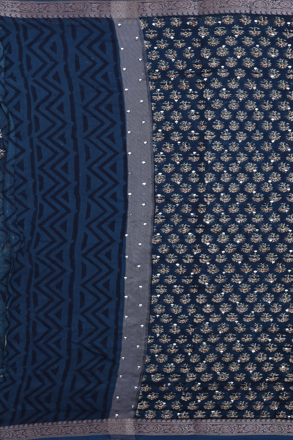 Chanderi Silk Cotton Saree In Prussian Blue With Mirror Work