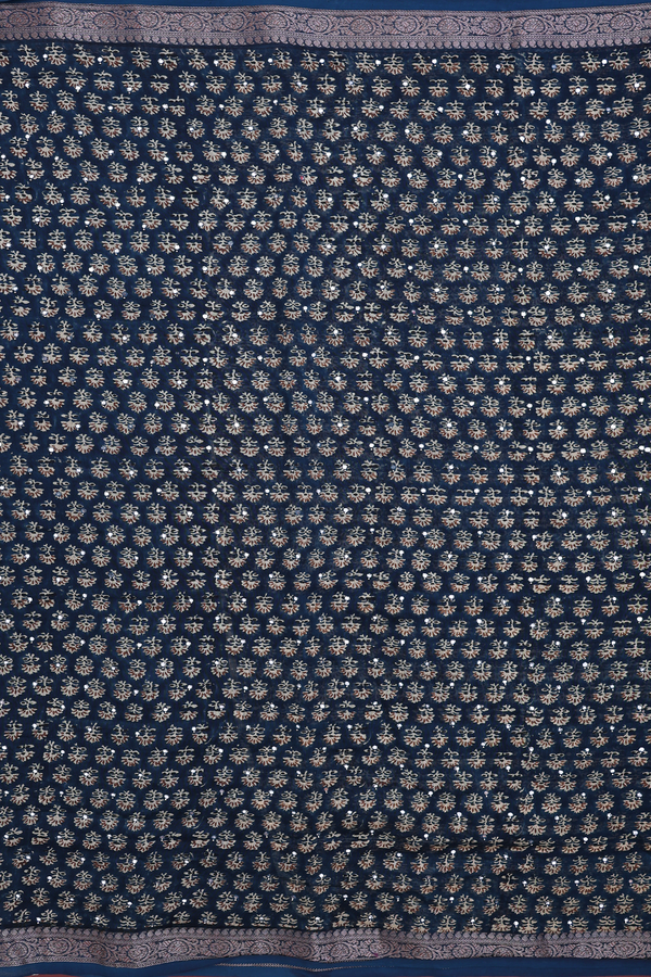 Chanderi Silk Cotton Saree In Prussian Blue With Mirror Work